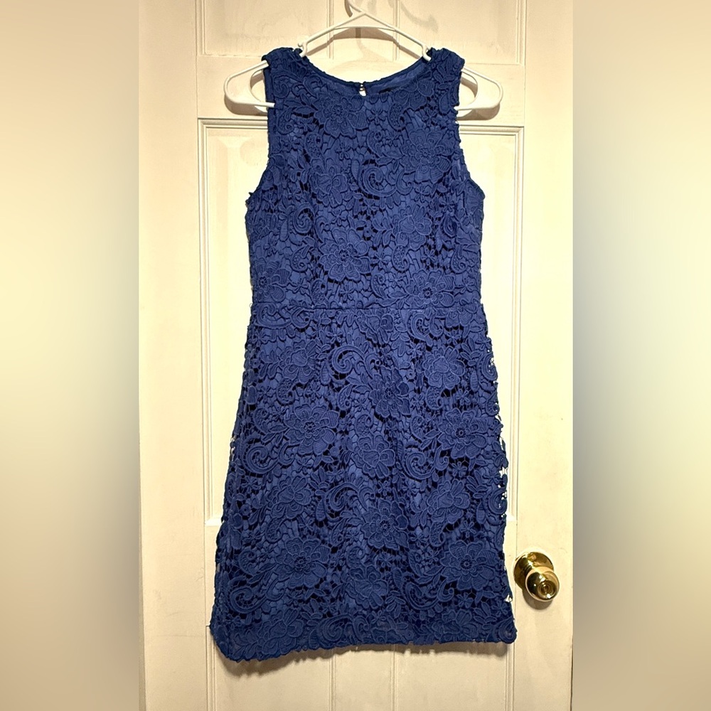 J Crew Size 6 Blue Lace Dress Sheath Sleeveless Wedding Guest Elegant - Picture 2 of 12